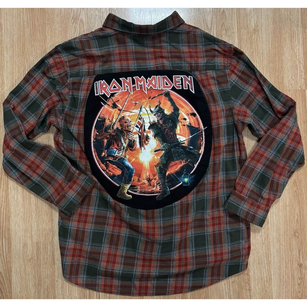 Iron Maiden Upcycled Plaid Flannel Button Up Shirt Rock Band Men’s Size XL - Picture 2 of 9